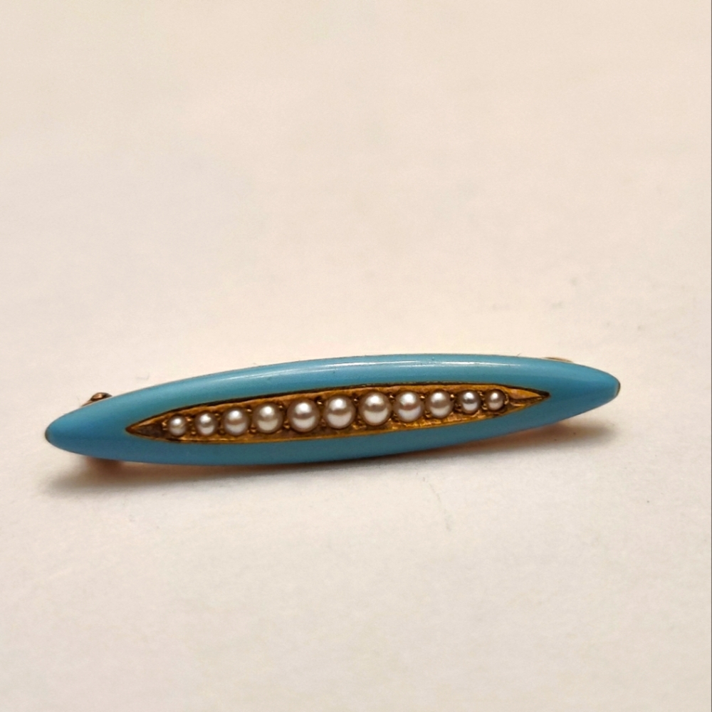 Antique Krementz 14K Gold Pin Brooch Genuine Seed Pearls Enamel